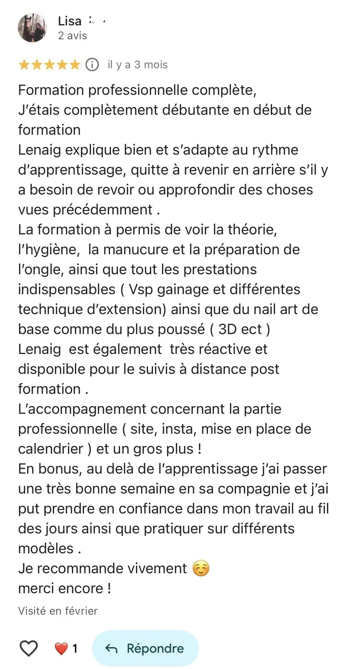 Avis Google de Lisa sur la formation Prothésiste Ongulaire by LNail's