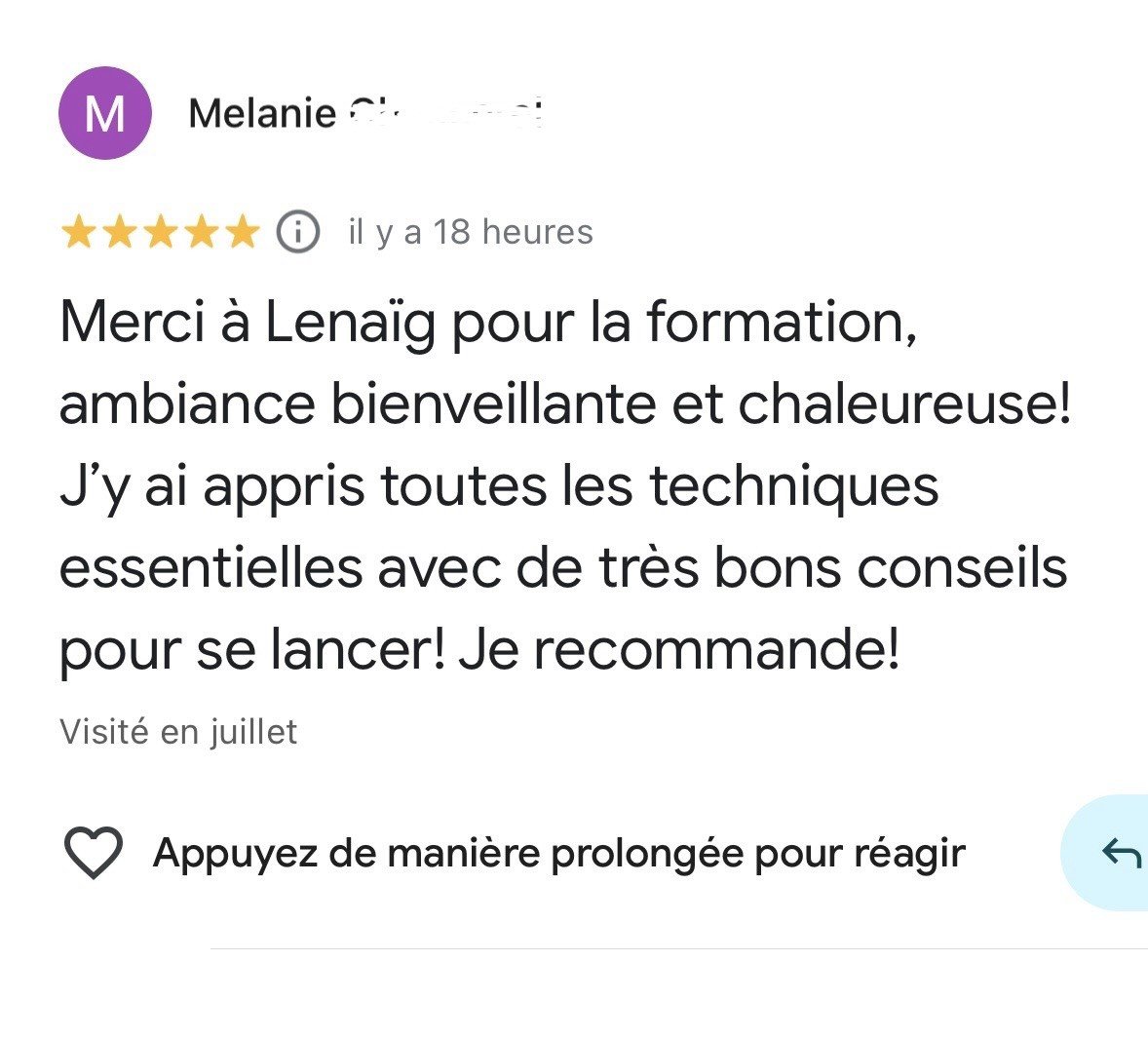 Avis Google de Melanie sur la formation Nail Art by LNail's