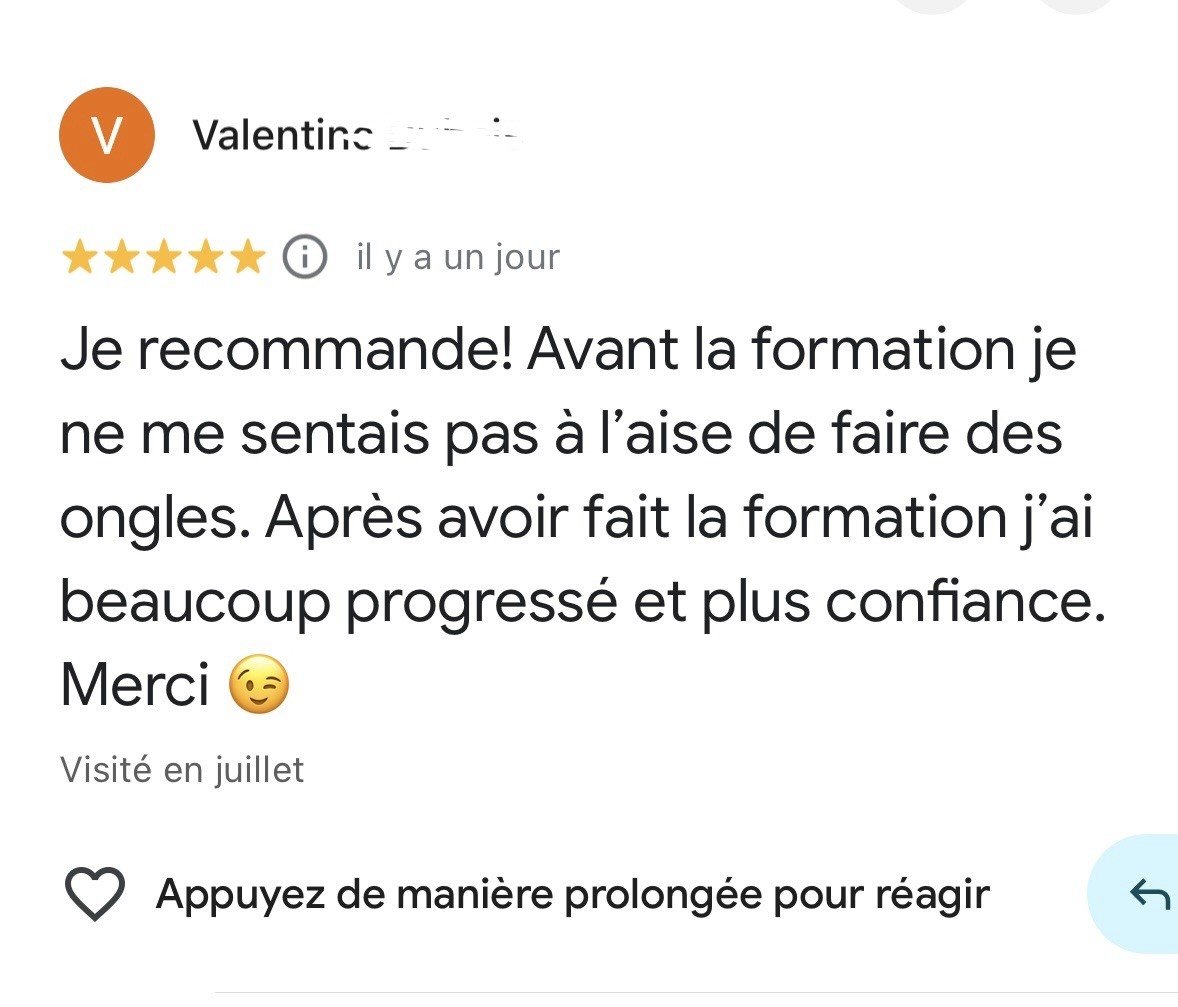 Avis Google de Valentine sur la formation Nail Art by LNail's