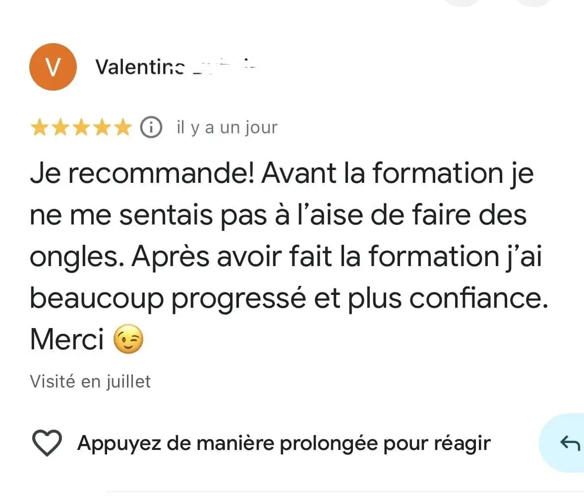 Avis Google de Valentine sur la formation Prothésiste Ongulaire by LNail's